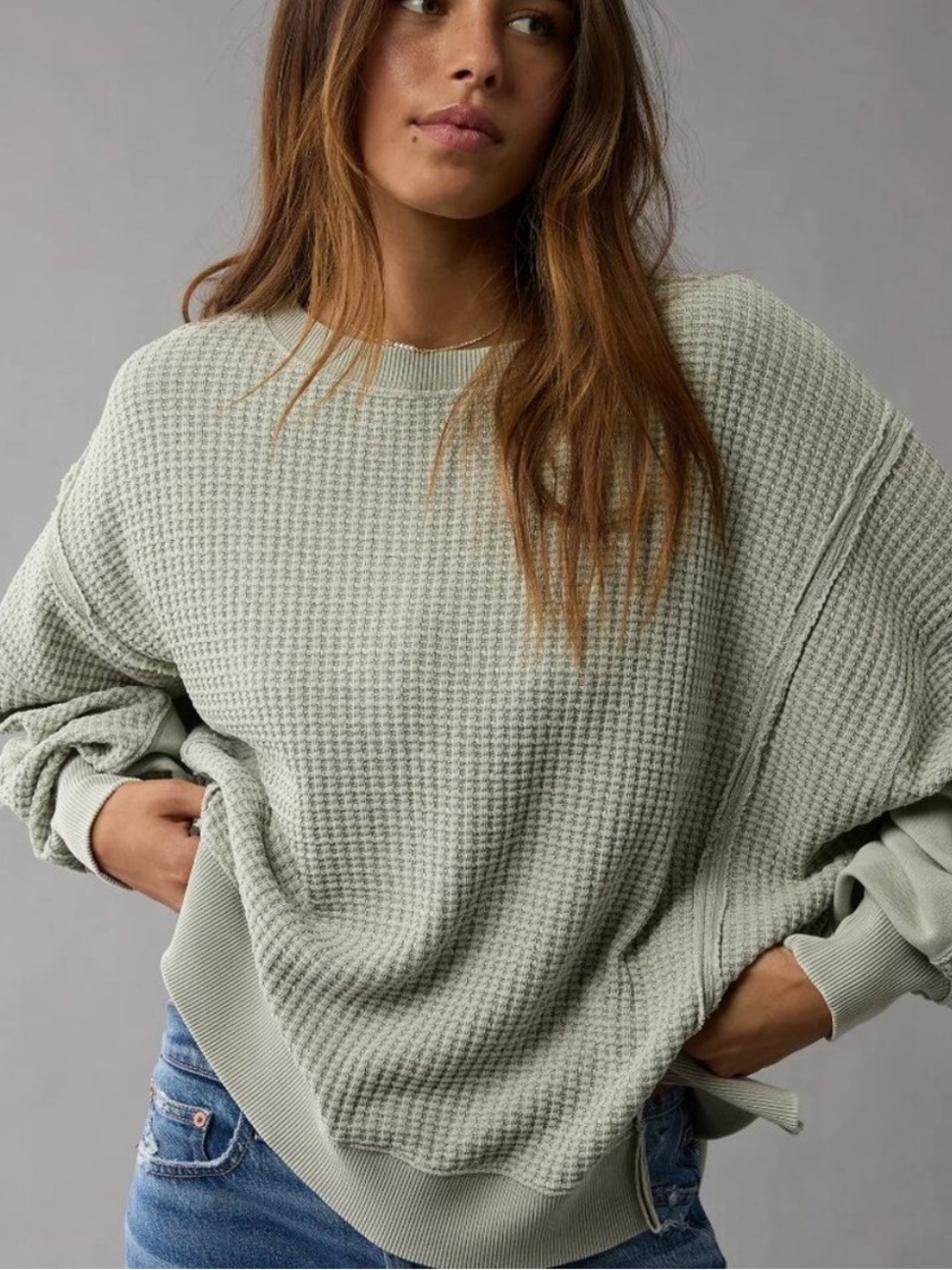 AE Big Hug Waffle Sweatshirt Crewneck Oversized Sage Green XL American Eagle